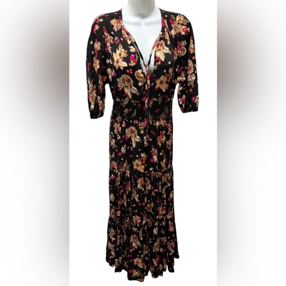 Kate Spade Floral Bouquet Silk Twill Midi Dress Sz XS Smocked Tiered Fall Love